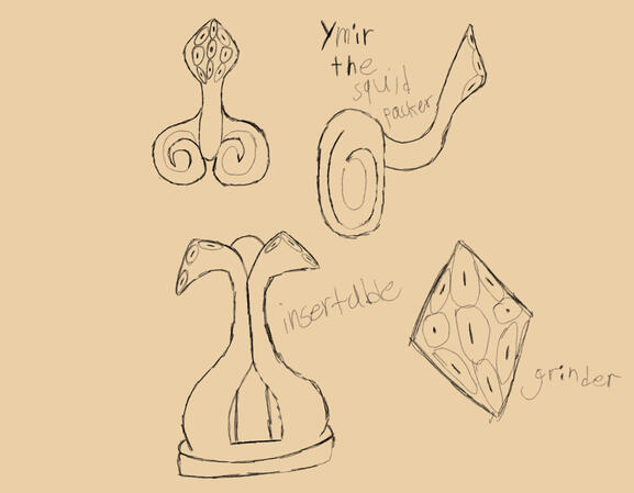 Tentacle toy that is slimmer than most. Featuring a large flared tip and smooth length that pushes out near the base. Also a packer that can be inserted and a grinder of his tentacle pad